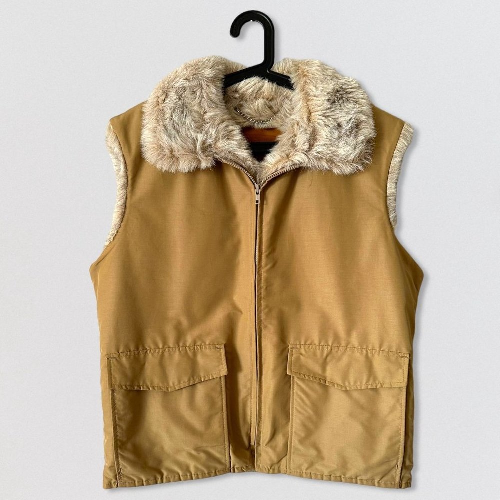 Woolrich Vintage Khaki Vest Faux Fur Lined Hunting Outdoors Hiking Size L / 35